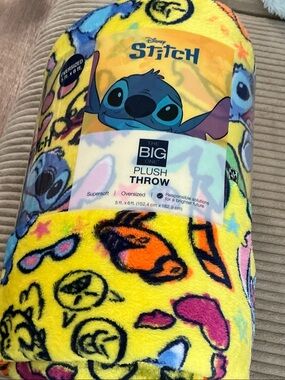 Disney Yellow Stitch Plush Throw Blanket with Multicolor Icons